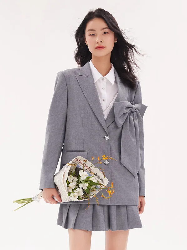 Grey Bowknot Oversized Women Blazer