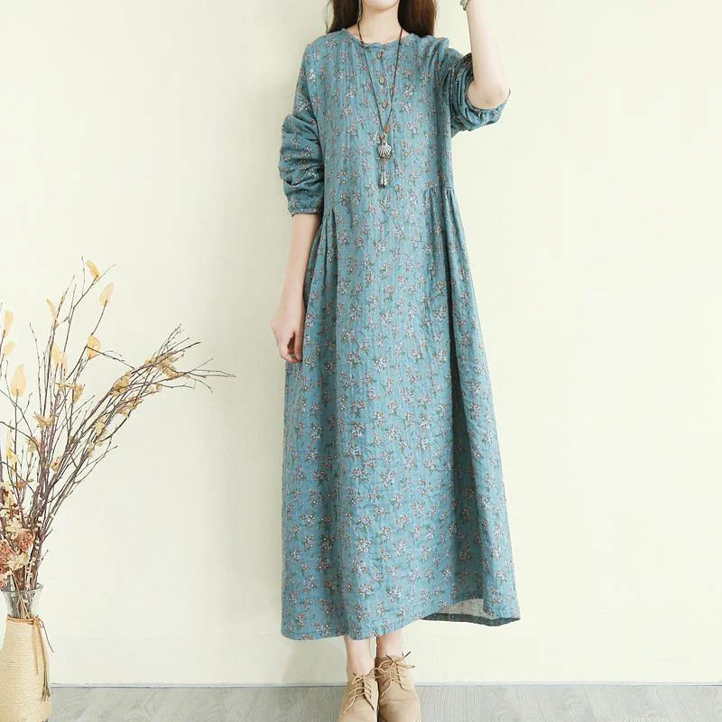 Women O Neck Button Down Cotton Dress Top Quality Sleeve Blue Floral Maxi Dresses